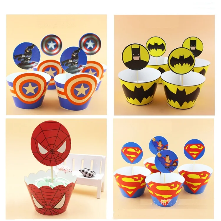 

24pcs/lot American Captain / Superman / Spiderman / Batman Cartoon baking packaging Cupcake Wrapper Toppers party decorations
