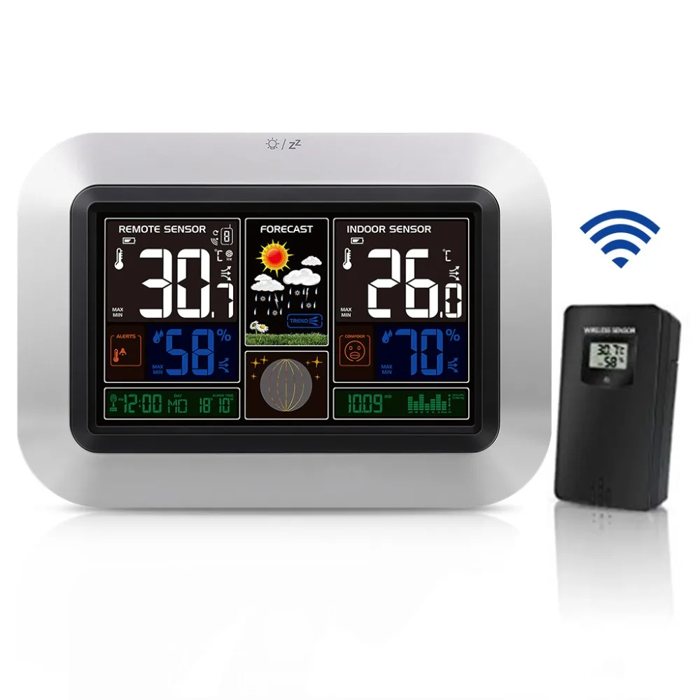 

Weather Stations Wireless Indoor Outdoor Sensor with 7.5 inch Full Color LCD Backlight Display Digital Alarm Clock Silver Fram