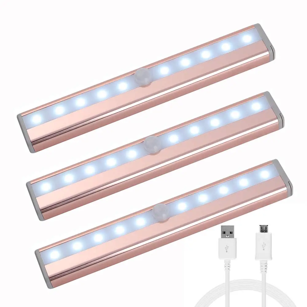 

Motion Sensor Closet Light Rechargable 10 LED Under Cabinet Lighting Bar Removable Magnetic Strip Night Light(3 PACKS Rose Gold)