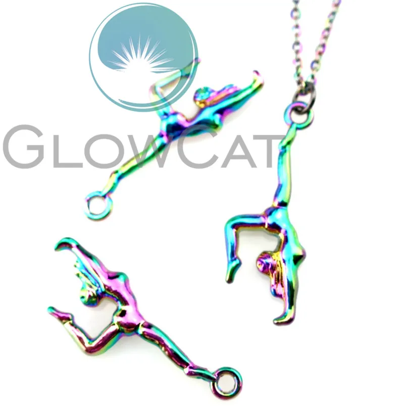 Rainbow Colors Gymnastics Female Gym Sport Gymnast Pendant 20'' Stainless Chains Necklace Women Girl Gift