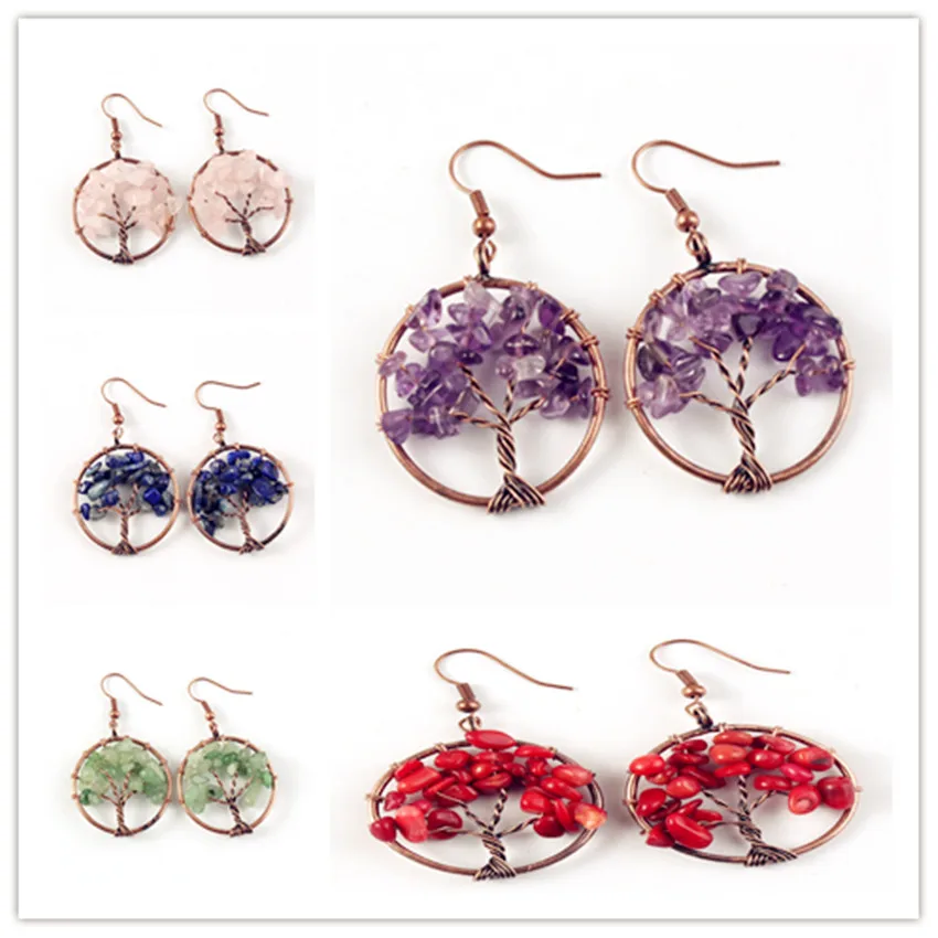 

Kraft-beads Antique Copper Wire Wrap Amethysts Quartz Stone Tree of Life Drop Earrings For Female Lapis Lazuli Jewelry