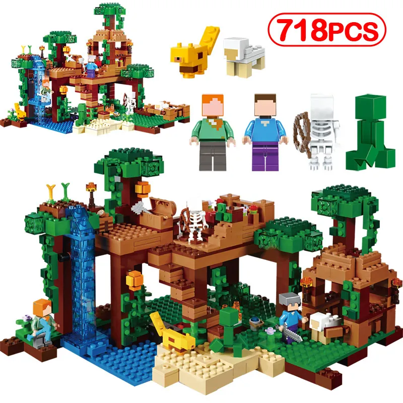 

718pcs Minecrafted Tree Waterfall animal Compatible Legoinglys Forest Model Building Blocks Sets Figures Toys Gift For Children