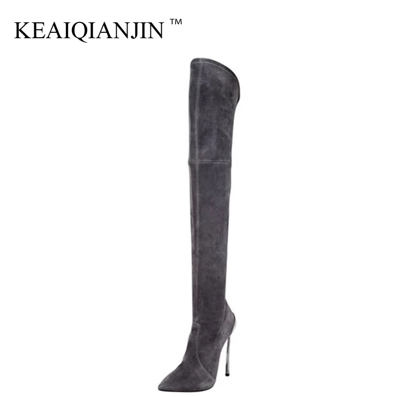 

KEAIQIANJIN Women's Sexy Over The Knee Boots Winter Woman High Heel Shoes Plus Size 33 43 Black Gray Fashion Thigh High Boots
