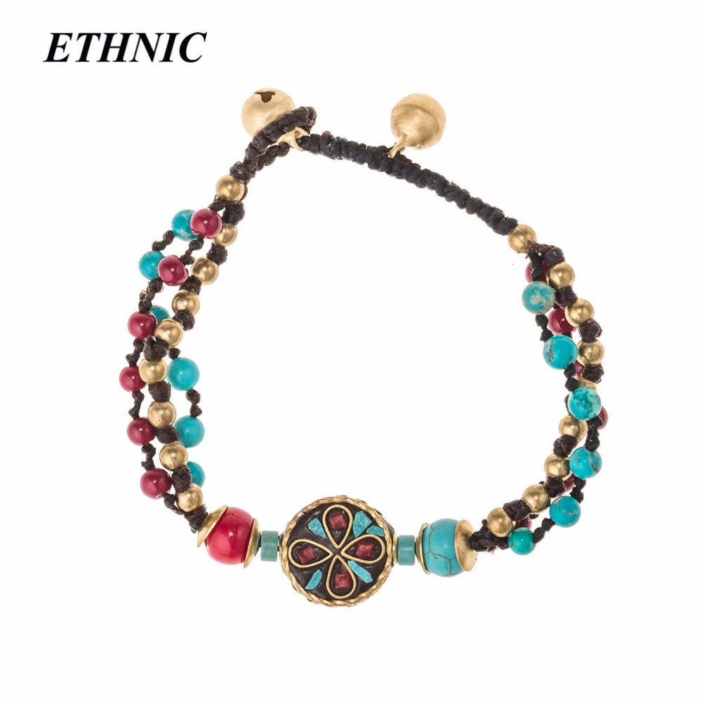 

2018 Ethnic Original Design Beaded Chain Round Charm Bracelets for Women Vintage Style Handmade Bracelet Wholesale