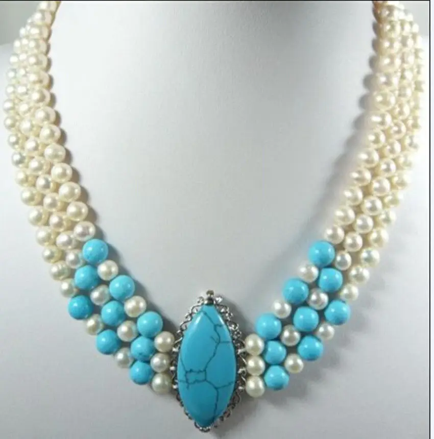 

0559 Turquoise Pendant Charming 3 row White Pearl&Turquoise Necklace