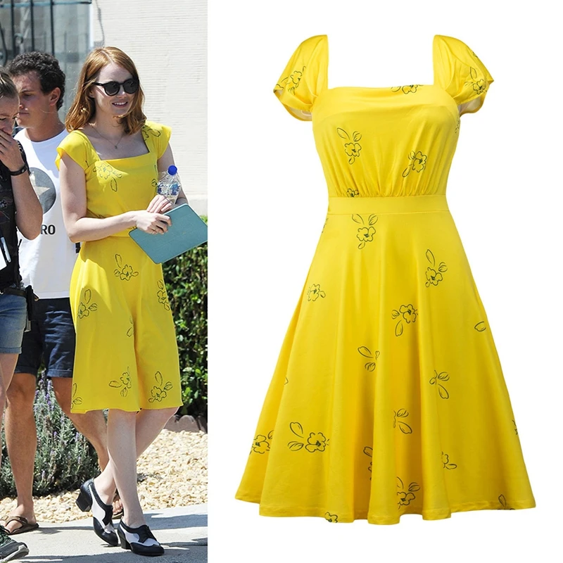 2017 La La Land Dress Mia Emma cosplay costume Stone Summer Dress Yellow Floral print Skater woman party Dress Vestidos (4)