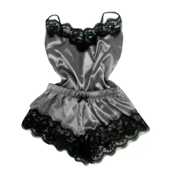 

Women Sleepwear Pajamas Sexy Satin Pajama Top And Black Lace Shorts V-neckline Sleeveless Pajamas Pretty Pajama Cotton Women H4