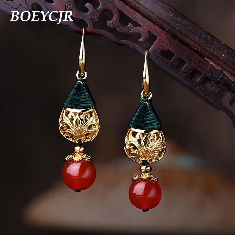 BOEYCJR Ethnic Vintage Gold Color Hollow Water Drop Red Stone Bead Dangle Earrings Jewelry Drop Earrings For Women Gift 2019