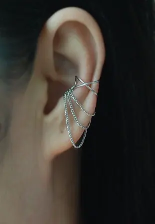 

PINJEAS Sterling Cross X ear cuff with 3 Chains Handmade No Piercing Cartilage Earring Ear Jacket women birthday gift
