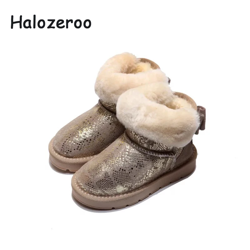 

Halozeroo Winter Baby Girl Bow Snow Boots Kid Fur Black Brand Boots Children Genuine Leather Warm Shoes New Fashion Soft Shoes