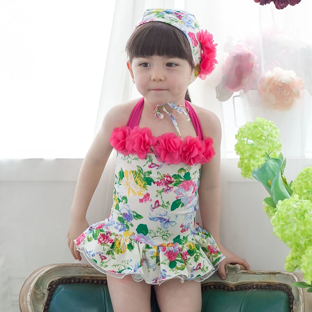 

2019 Baby Girls Swimwear Swimsuit Two off Shoulder Flower Summer Beach Swimwear Bathing Suit With Hat Girls Swimming Bikini