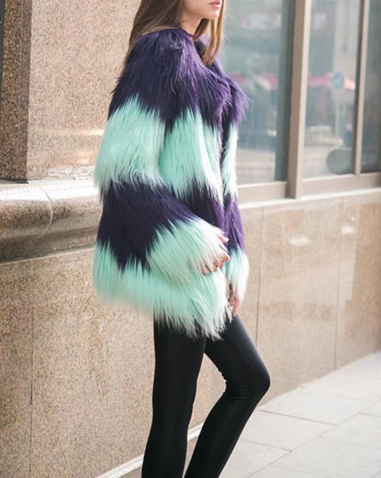 2017 winter women clothing long sleeve patchwork contrast color imitation fur jacket Female fashion warm long faux fur coat (6)