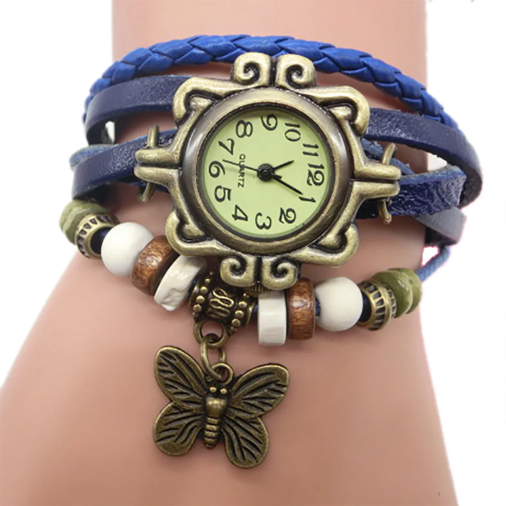 Женские кварцевые наручные часы в ретро-стиле, браслет с бусинами и бабочками,,, Женские часы, Reloj de dama Wd3