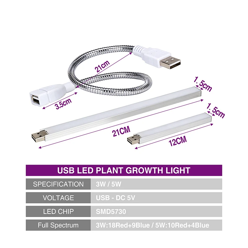 USB светодиодный светильник с полным спектром SMD5730 DC5V красный синий гибкий светодиодный светильник 3 Вт 5 Вт Светодиодный светильник для выращивания растений