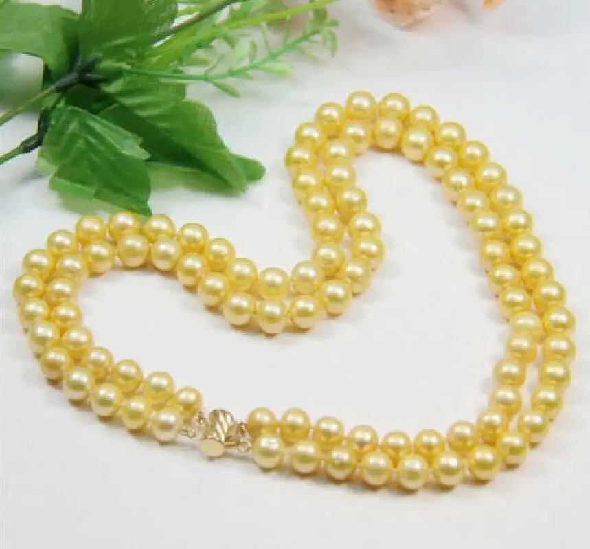 

19" real 2 row 10-11 mm south sea golden pearl necklace 17-18" 14K GOLD Clasp (0926)