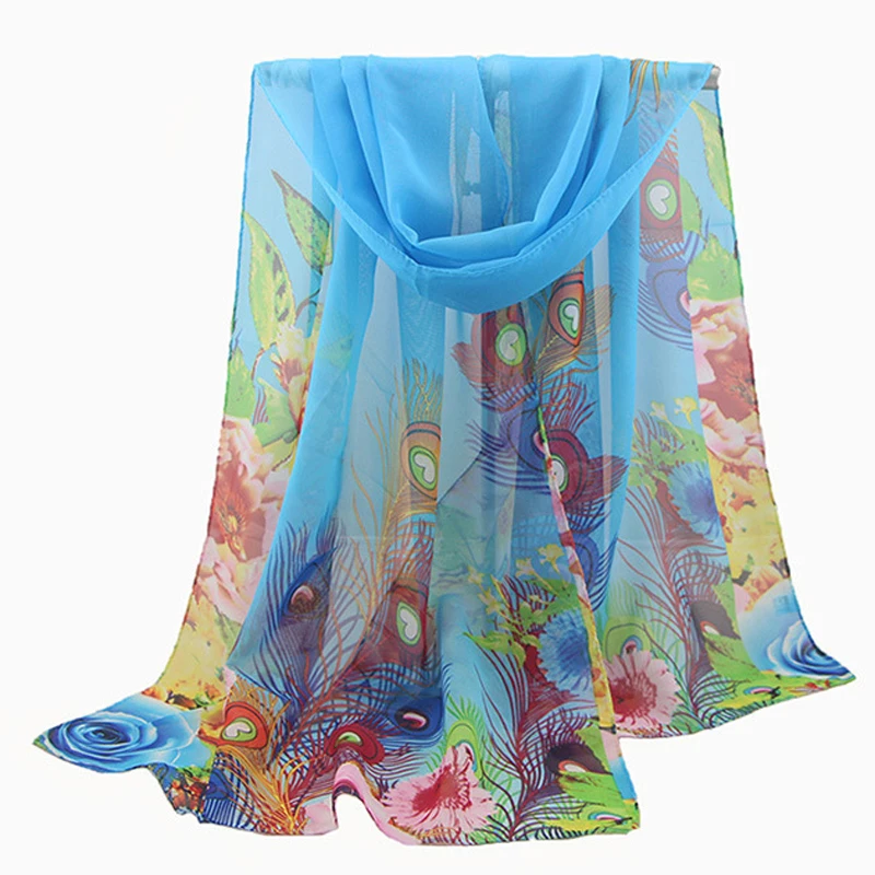 Мода для женщин шарф Павлин перо печати Шелковый шарф для защиты от солнца пляжное полотенце шаль летние шарфы для дам шифон хиджаб