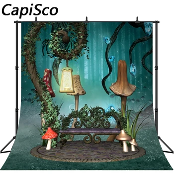 

Capisco Mushroom Wonderland forest bench photography backdrops lawn vine scenic Children baby photographic backgrounds photo