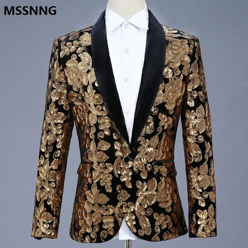 

MSSNNG Men Shawl Lapel Blazer Designs Plus Size 5XL Black Velvet Gold Flowers Sequins Suit Jacket DJ Club Stage Singer Clothes