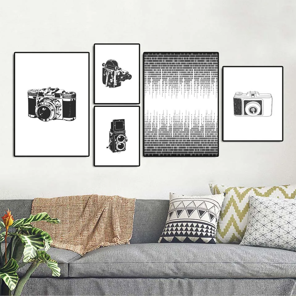 

Home Decoration Print Canvas Wall art poster oil unframde Drawings paitings Retro Black and white camera tape TV