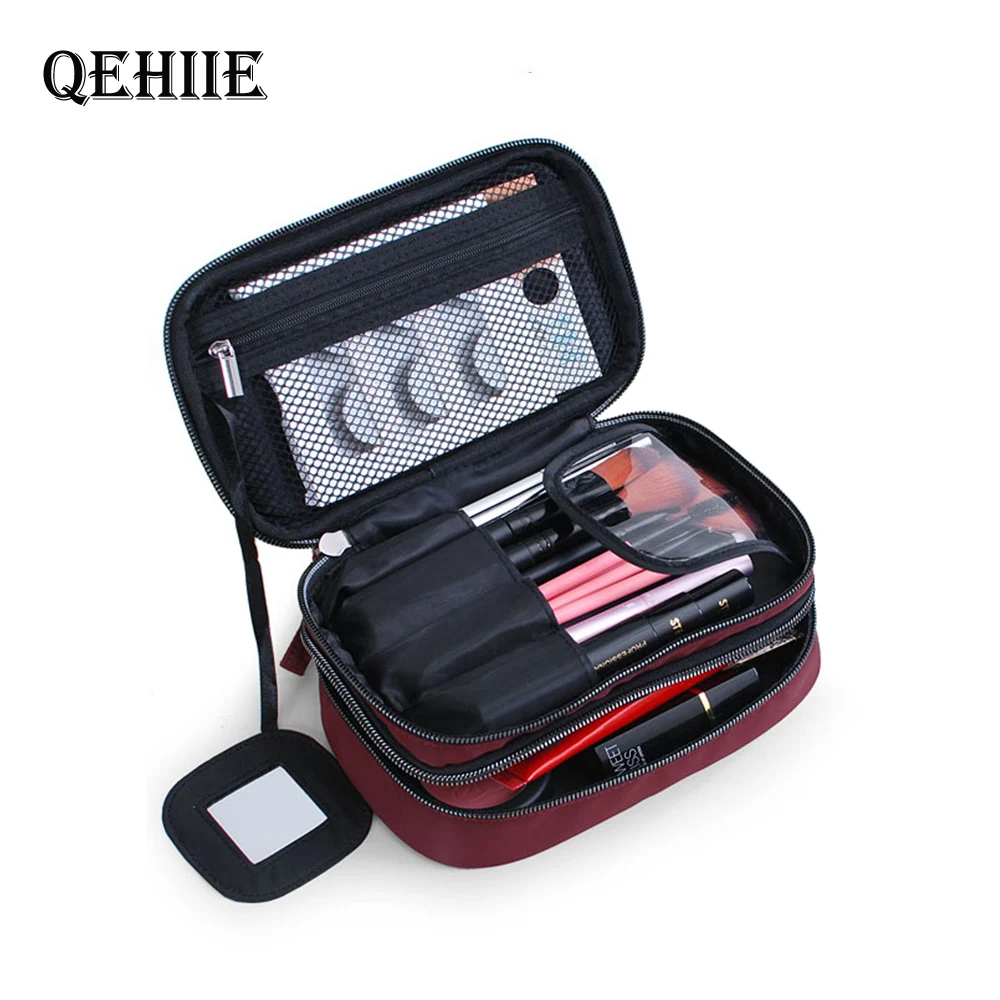 العلامة التجارية السفر التجميل حقيبة نايلون للماء مزدوجة-طبقة البسيطة امرأة ماكياج مربع الأزياء مصمم محفظة المنظم حقيبة مستحضرات تجميل هدي...