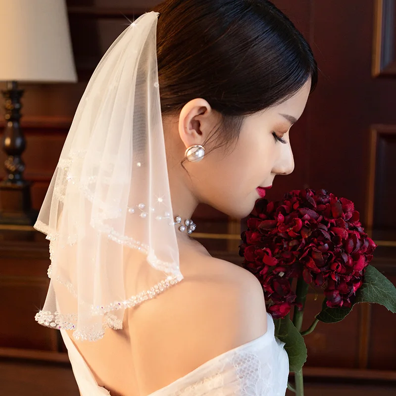 

Beaded Short Veil Bridal Wedding Hair Accessories Shoulder Length Beading Veils Princess Bride Headdress Ornament Vail Handmade