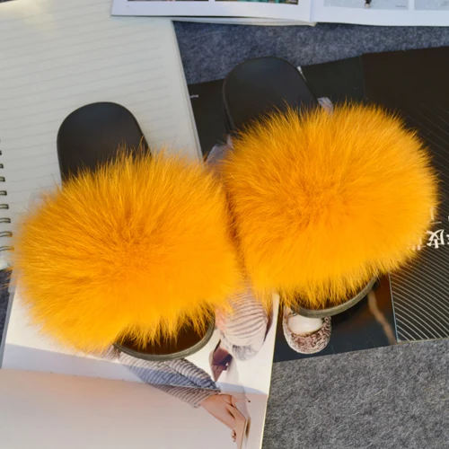 orange yellow Женские тапочки из натурального Лисьего меха; милые летние пушистые туфли с натуральным лисьим мехом; Роскошные брендовые сандалии на плоской подошве с натуральным лисьим мехом - Цвет: orange yellow