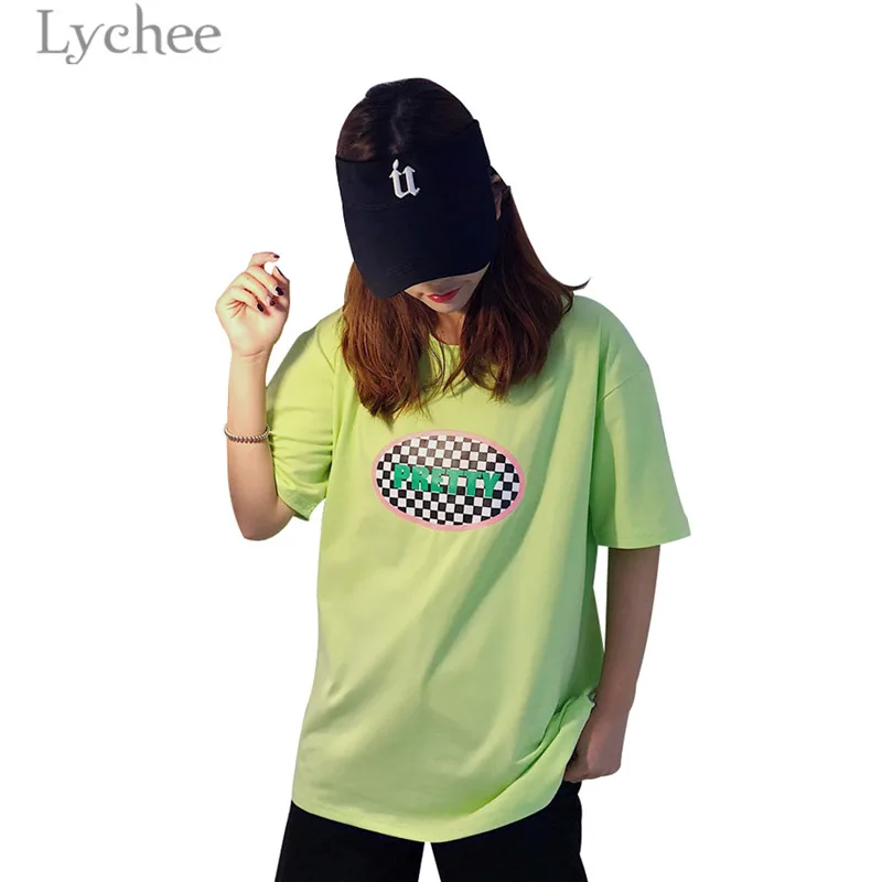 Yellow Lychee Harajuku клетчатая женская футболка с буквенным принтом, женская футболка с коротким рукавом и круглым вырезом, Повседневная Свободная футболка - Цвет: Yellow