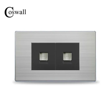 

COSWALL Luxury 2 Gang CAT5E RJ45 Wall Internet Connector Computer Data Outlet Stainless Steel Brushed Silver Panel 118mm*72mm