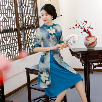 

2020 New Printed Sexy Oriental Cheongsam Women Satin Slim Flower Aodai Qipao Chinese Traditional Banquet Dress Plus Size 3XL