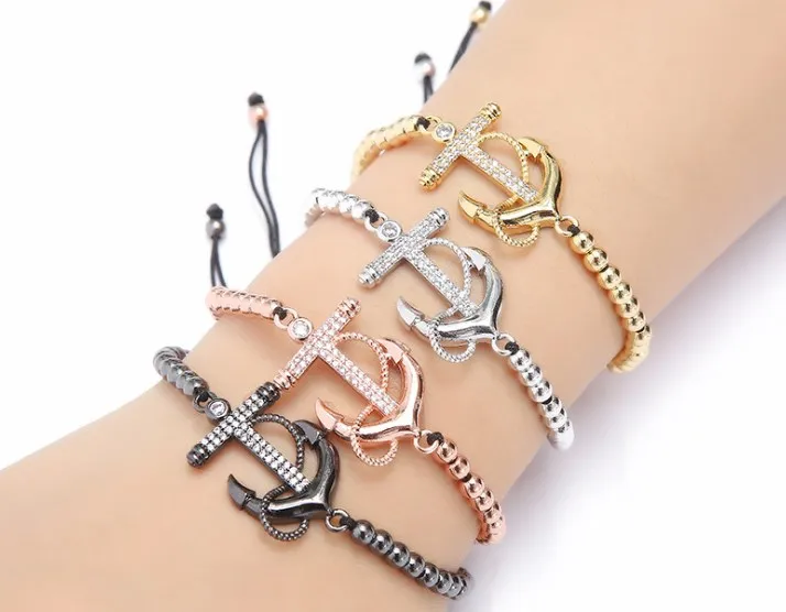 Золото Серебро Микро-паве cz кубический цирконий веревка отрегулированный браслет из медного бисера gfht4 украшение в форме якоря плетеные браслеты для женщин