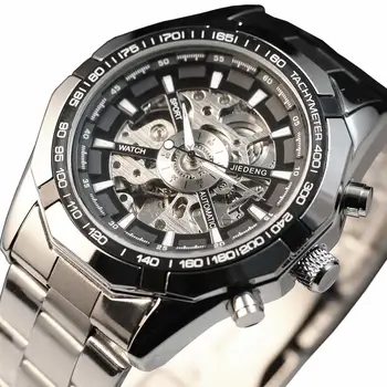 

Luxury Silver Wristwatch Men Casual Male Automatic Mechanical Watches Business Sports Military Skeleton Stainless Steel Watch
