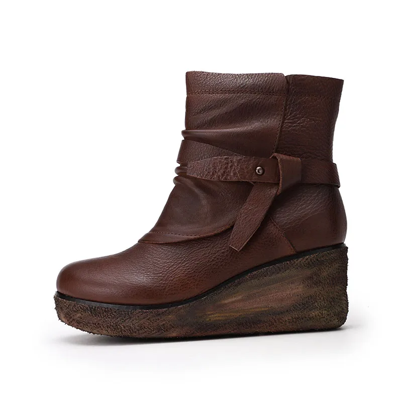 À Cuir Vintage Femmes Compensées La D'origine Bottines Orteils Bottes Femme Nouveauté Vallu Chaussures En Boucle 2019 Main Ronde Marron Pour hdtQrsC