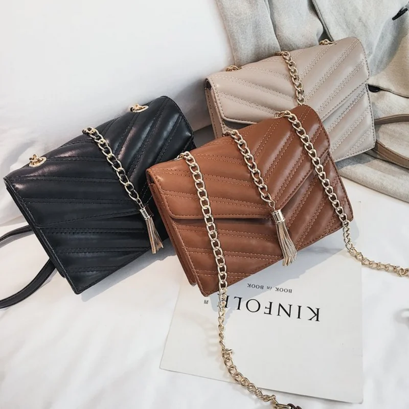 

PU women bag V-shaped embroidery metal tassel hanging chain bag shoulder and crossbody flap