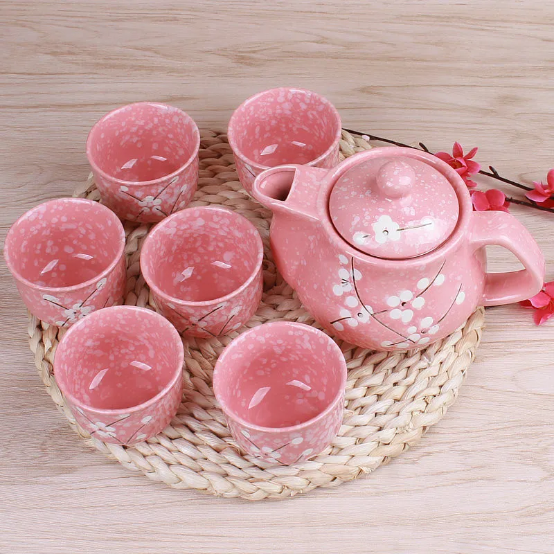Японский набор чайных горшков вишневого цвета, 1 горшок, 6 чашек, керамическая посуда для напитков, чайный горшок для дома и офиса, чайный набор, чайник, Прямая поставка