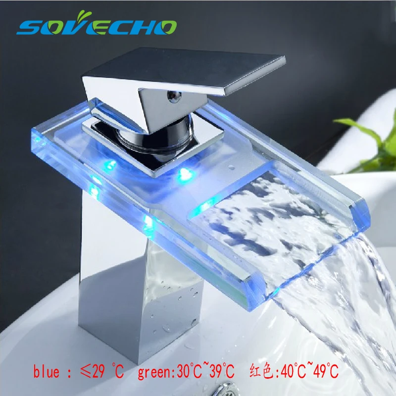 

Basin Faucet Bathroom Waterfall LED Faucet Glass Waterfall Brass Bathroom Mixer Tap Deck Mounted Basin Sink Mixer Tap