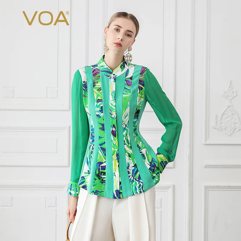 

VOA Silk Blouse Women Green Printed Ladies Tops Fall Long Sleeve Office Work Shirt Basic Blusas Boho Clothes Slim Femme B766