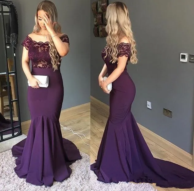 Фиолетовые Вечерние платья русалки Длинные халаты De Soiree Longue Аппликация Кружева с плеча Формальное женское выпускное платье - Цвет: Фиолетовый
