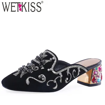 

WETKISS 2019 New Women Slides Crystal Heels High Slippers Woman Exotic Kid Suede Shoes Female Retro Ethnic Embroider Mules Shoes