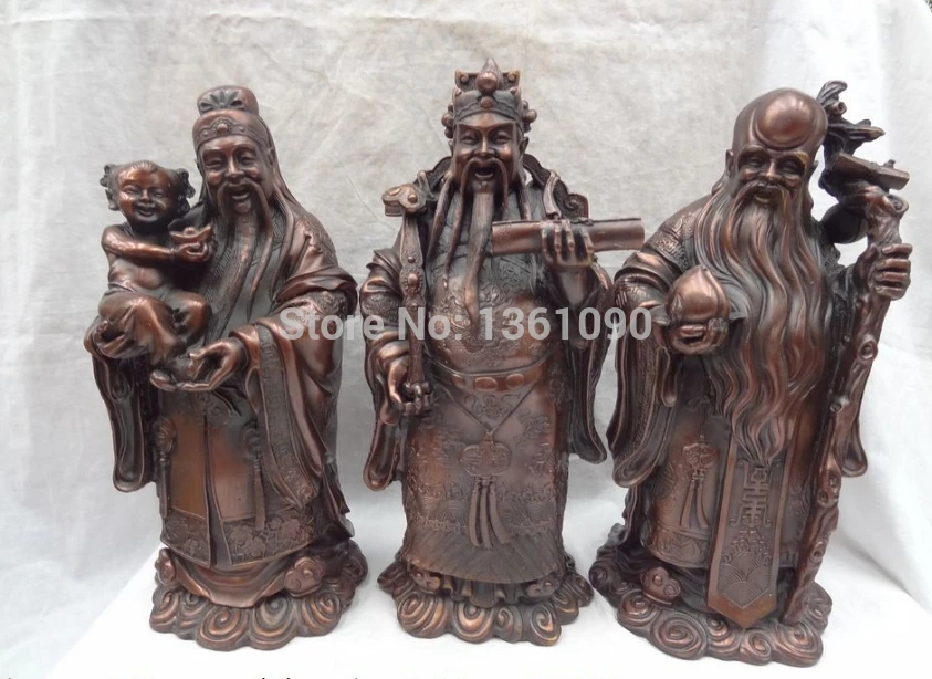 

xd 00844 14" China Pure Bronze Peach Longevity FuLuShou RuYi YuanBao Mammon God Statue