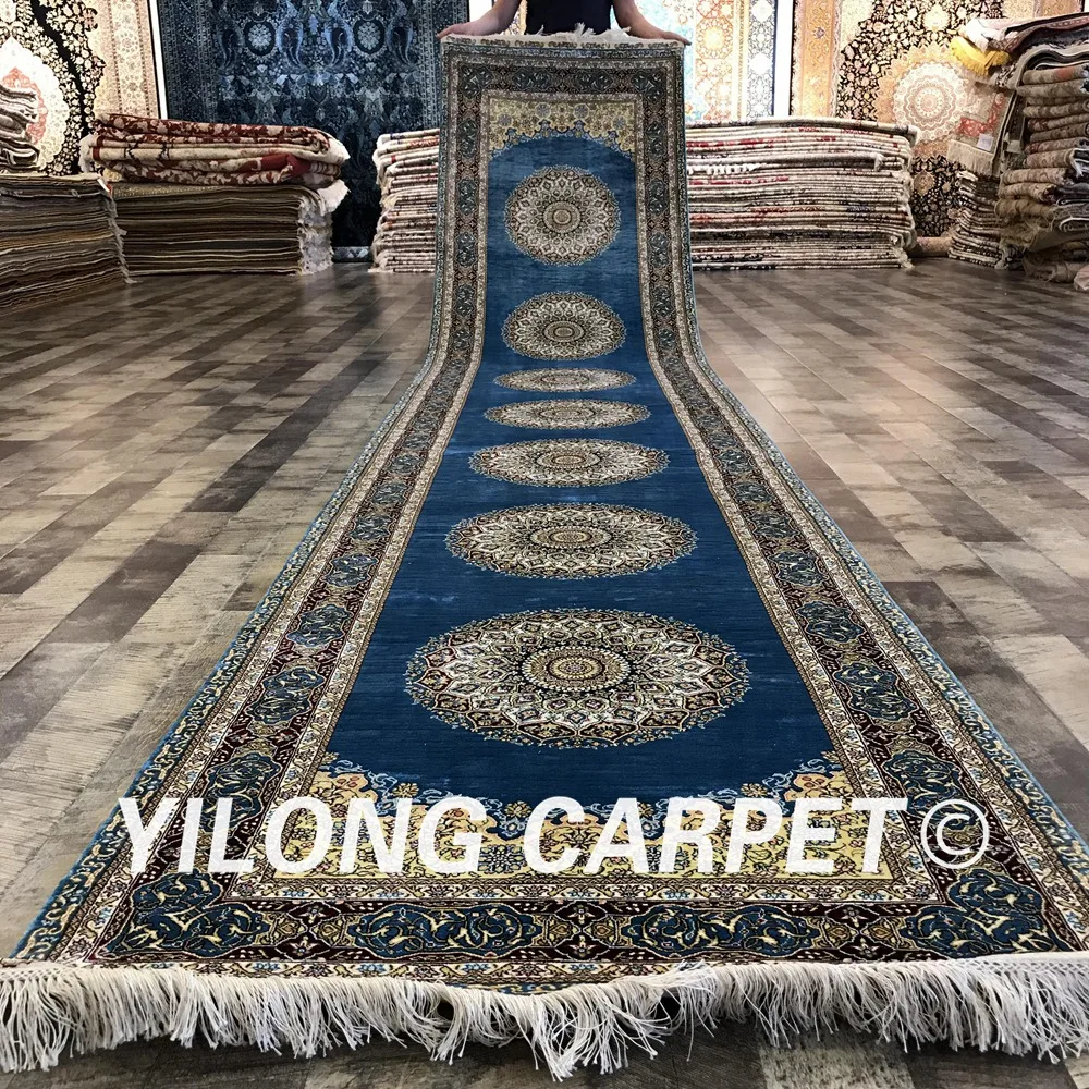 Yilong 2.8'x14' entrance handmade silk carpets blue runners hallway