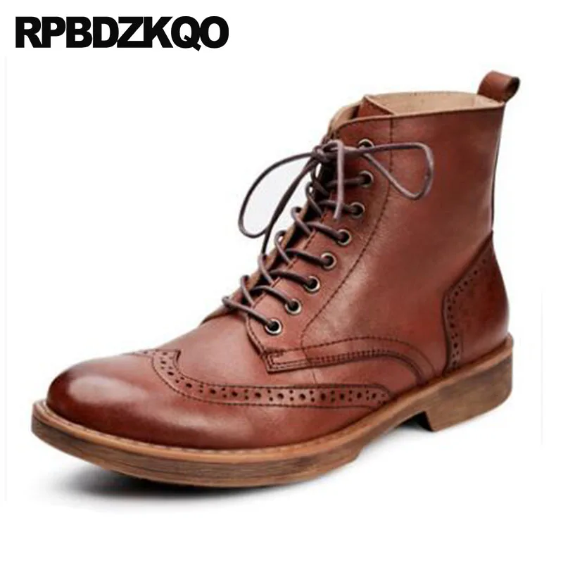 Cheville Pleine Richelieu Designer Marron Wingtip Vintage En Chunky Chaussures Véritable L'armée Militaire Bottes Brun Fleur De Hommes Rétro Combat Cuir 0Pw8OknX