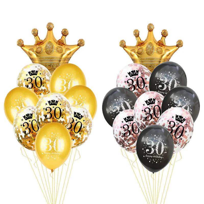 

11Pcs 30/40/50/60th Happy birthday number ballons Balck and Golden crown for Wedding balloons anniversary or Adult party supplie