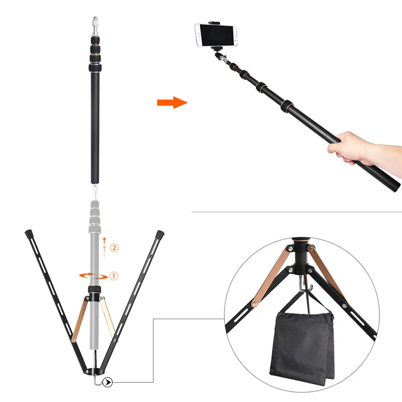  Fosoto FT-220 Carbon Fiber Led Light Tripod Stand& 2 screws Head For Photo Studio Photographic Ligh - 33012724744