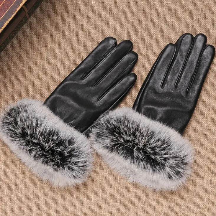 Для Женщин Осенние и зимние утепленные флисовая подкладка перчатки женские натуральный кроличий мех из натуральной овечьей кожи