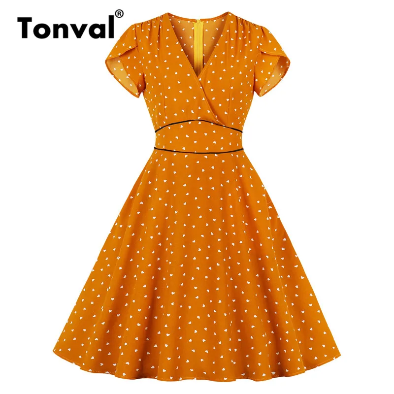 

Tonval Orange High Waist Little Heart Print Summer Dress Women Clothes V Neck Pocket Side Office Lady Dresses