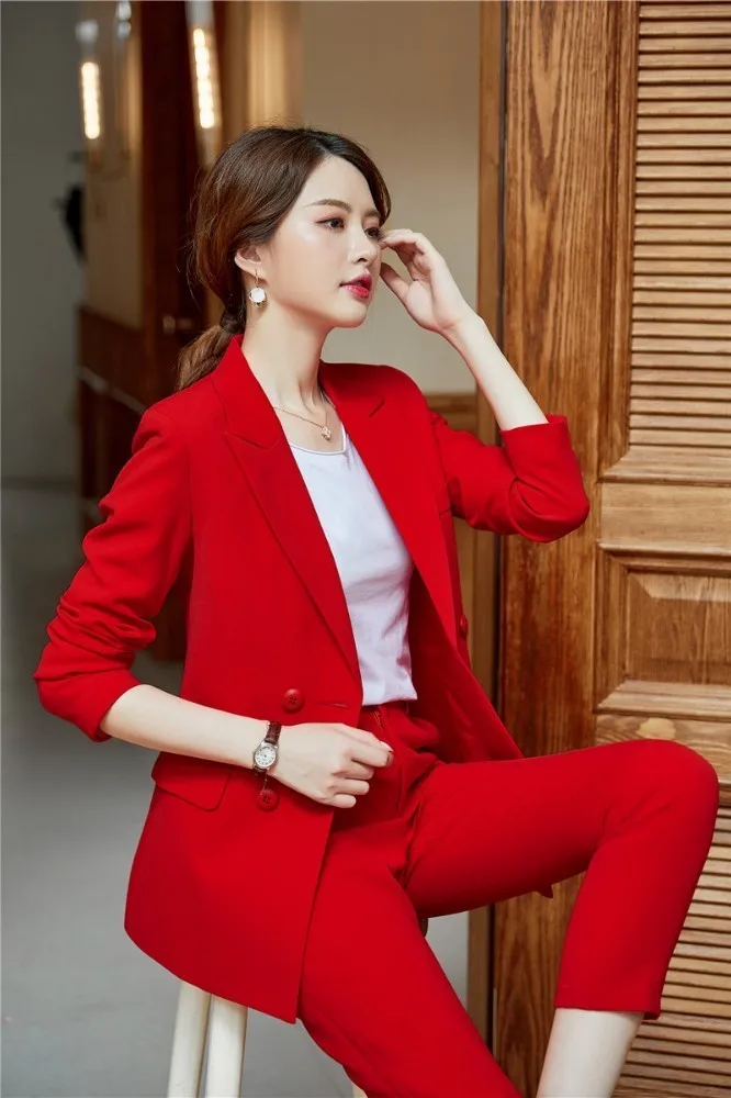 Модные красные деловые костюмы осень-зима с узкими брюками и пиджаками, пальто для женщин, рабочая одежда, брючные костюмы, блейзеры