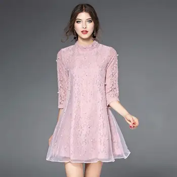 

2019 Mini Dress Sexy Celebrity Pink Lace Beading Elegant O Neck Women Three Quarter Night Club Body con Party Dresses Wholesale