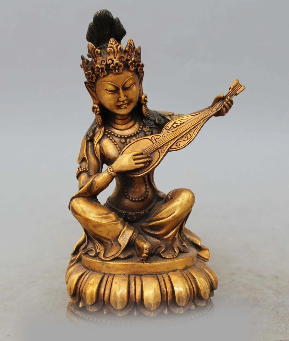 

9"Tibet Buddhism classic pure Bronze carved lute pipa Kwan-Yin Goddess statue