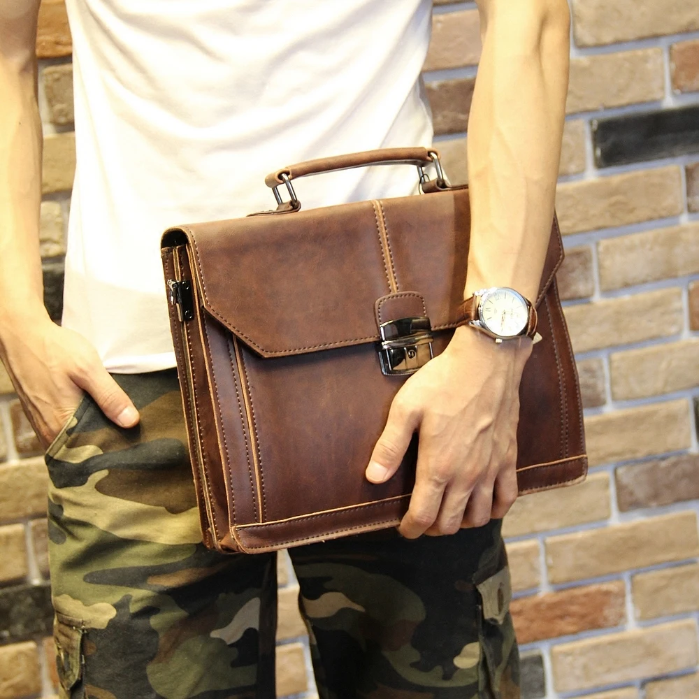 Vintage Men's Bag Crazy Horse PU Leather File Briefcase Men Messenger Bags Coffee Color Fashion Portfolio 12\
