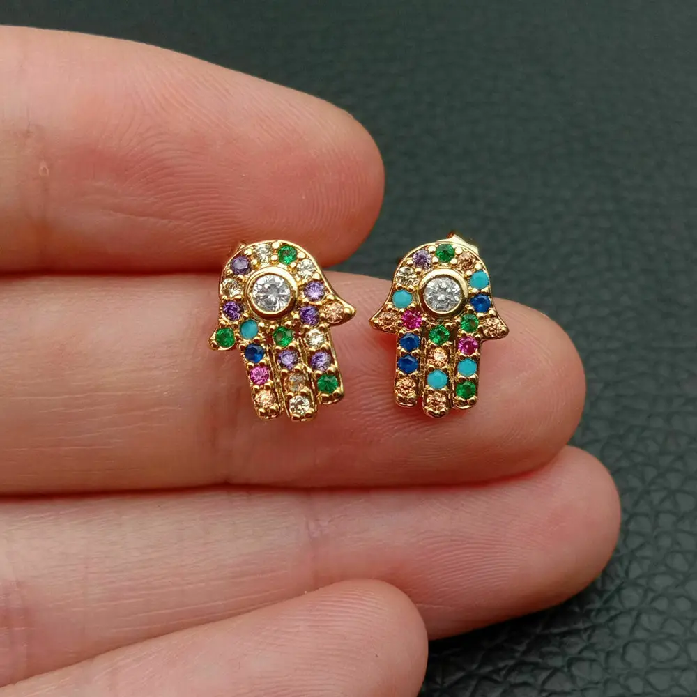 

Hamsa Hand Earrings yellow Golden plated colorful cubic zirconia earrings